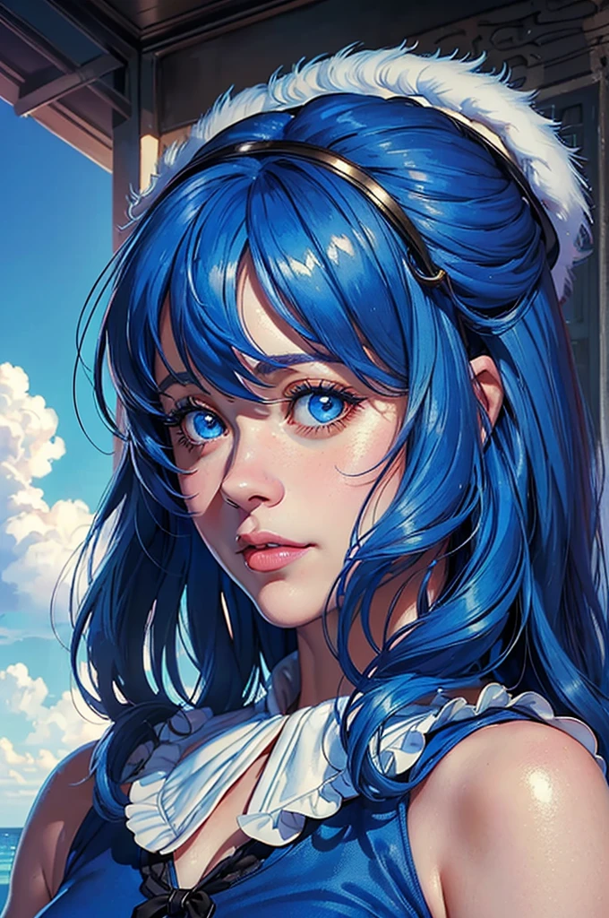 (((Masterpiece ,Best Quality, Highest quality realistic retro anime....))),(((like Lyon minmay realistic ))), blue dress, top wo nerae!, 1 girl, alone, ((hyper realistic long blue fur)), looking at the viewer, SMILE, Hits,White shirt ,((Very detailed and realistic light blue eyes.)), Closed mouth, (((Masterpiece ,Best Quality, Highest quality realistic retro anime....))),(((Style Zooey Deschanel))), blue dress, top wo nerae!, 1 girl, alone, ((hyper realistic long blue fur)), looking at the viewer, SMILE, Hits,highly detailed light blue eyes shirt, Closed mouth, blue fur, exterior, sky, day, cloud, tree, blue sky, lips, separate blows, eyelashes, make up, light SMILE, lipstick, portrait, close up, ((retro Best Quality, hyper realistic highest quality artStyleo)), 1980s ,fine blue hair with very real details))exterior, sky, day, cloud, tree, blue sky, lips, separate blows, eyelashes, make up, light SMILE, lipstick, portrait, close up, ((retro Best Quality, hyper realistic highest quality artStyleo)), 1980s (Style