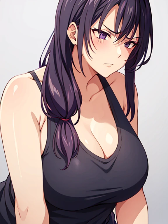 1 milf, purple and slightly black hair, wearing a black tank top, cynical look, angry face, white background, sex scene 