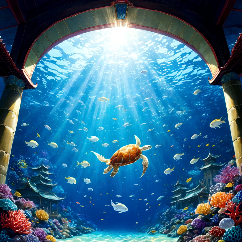 海の青さとCoral Reefの鮮やかさが織りなす、幻想的なseabed世界。At its heart、White coralとpearlで築かれた、壮麗なDragon Palaceが姿を現す。The roofs are layered one on top of the other、As graceful as a dragon dancing on the waves、Each roof tile、Adorned with precious gems。城壁は透き通るcrystalで出来ており、内部のGorgeousな様子が、It appears to be floating vaguely。In front of the castle gate、There is an arch decorated with colorful coral and seaweed.、Otohimeの遣わしたSea Turtleたちが、Welcome guests。In the surrounding area、カラフルなsmall fishや、Jellyfish emitting fantastic light swim gracefully.、Dragon Palaceに華を添えている。beautifulファンタジーの世界, Japan folktales, Dragon Palace, seabed, Coral Reef, White coral, pearl, crystal, small fish, Sea Turtle, Otohime, Gorgeous, beautiful, luxury