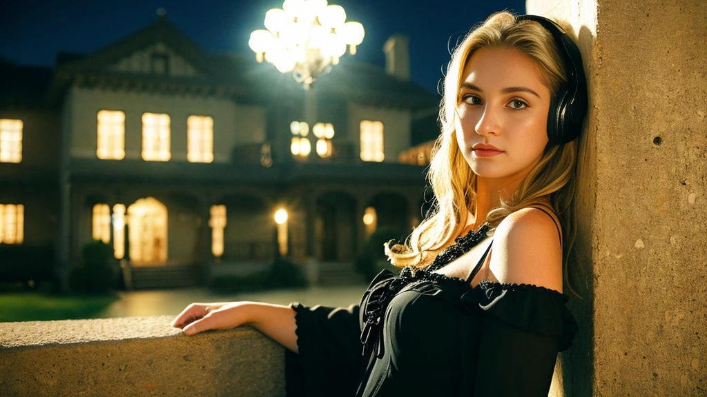 Beautiful blonde with big breasts in a black dress (Western-style mansion at midnight、Leaning against a wall),Wearing headphones,Very detailed, 21 years old, Innocent face, Naturally Wavy Hair, blue eyes, High resolution, masterpiece, Highest quality, Intricate details, Very detailed, Clear focus, Delicate skin, practical skin texture, texture, Delicate eyes, Professional, 4K, Sad face,despair、 Shot with Canon, 85mm, Shallow and deep,  Kodak Vision Color, Exactly, Very detailed, photograph_\(Extremist\), photographpractical, practical, Post-processing, Maximum details, Roughness, Real Life, Extremist practical, Photorealism, photographgraphy, 8K Ultra HD, photographgraphy