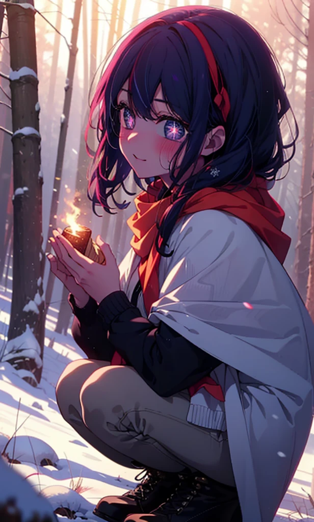 aihoshino, Ai Hoshino, Long Hair, bangs, (Purple eyes:1.1), Purple Hair, (Symbol-shaped pupil:1.5), smile,,smile,blush,White Breath,
Open your mouth,snow,Ground bonfire, Outdoor, boots, snowing, From the side, wood, suitcase, Cape, Blurred, , forest, White handbag, nature,  Squat, Mouth closed, Cape, winter, Written boundary depth, Black shoes, red Cape break looking at viewer, Upper Body, whole body, break Outdoor, forest, nature, break (masterpiece:1.2), Highest quality, High resolution, unity 8k wallpaper, (shape:0.8), (Beautiful and beautiful eyes:1.6), Highly detailed face, Perfect lighting, Extremely detailed CG, (Perfect hands, Perfect Anatomy),