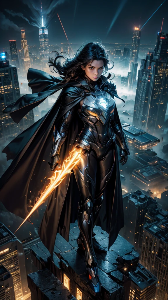 Masterpiece, best quality, NVIDIA RTX, sharp picture, cinematic lightning, hi-tech futuristic Superman, Superman symbol, floating, perfect face, proportional body, luminous mecha-armor:1.3, glowing mecha armor:1.3, (cape blown by strong winds:1.3), on top of a bulding, full body, epic lights reflection, night, smokes, from above
