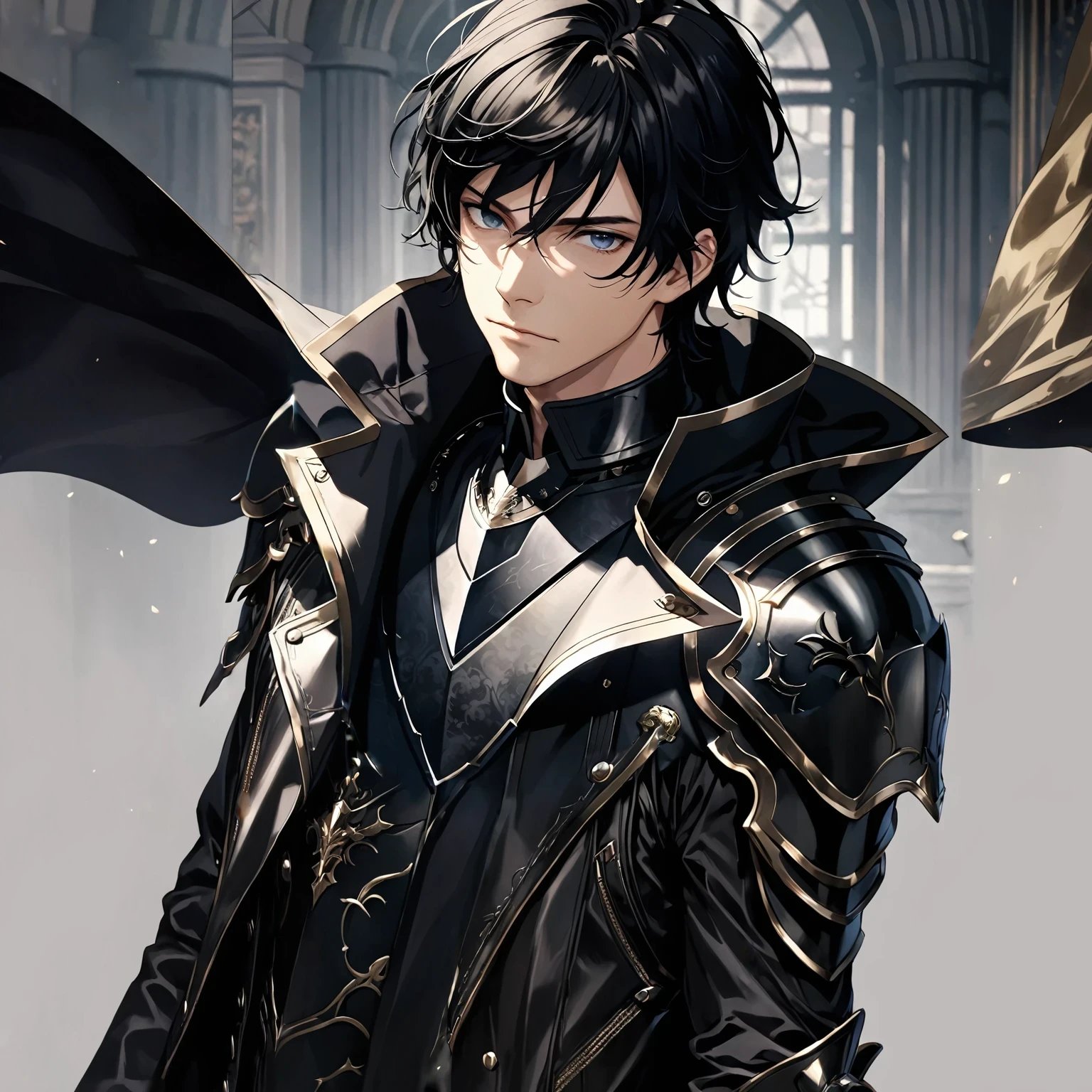 masterpiece, best quality, 1man, adult, male focus, solo, medium hair, black hair, looking at viewer, High quality metal texture, overcoat, closed mouth, upper body, bangs, high collar,(kbxll:0.6), Fantasy aesthetics, Highly detailed, shadowverse style, black armor
