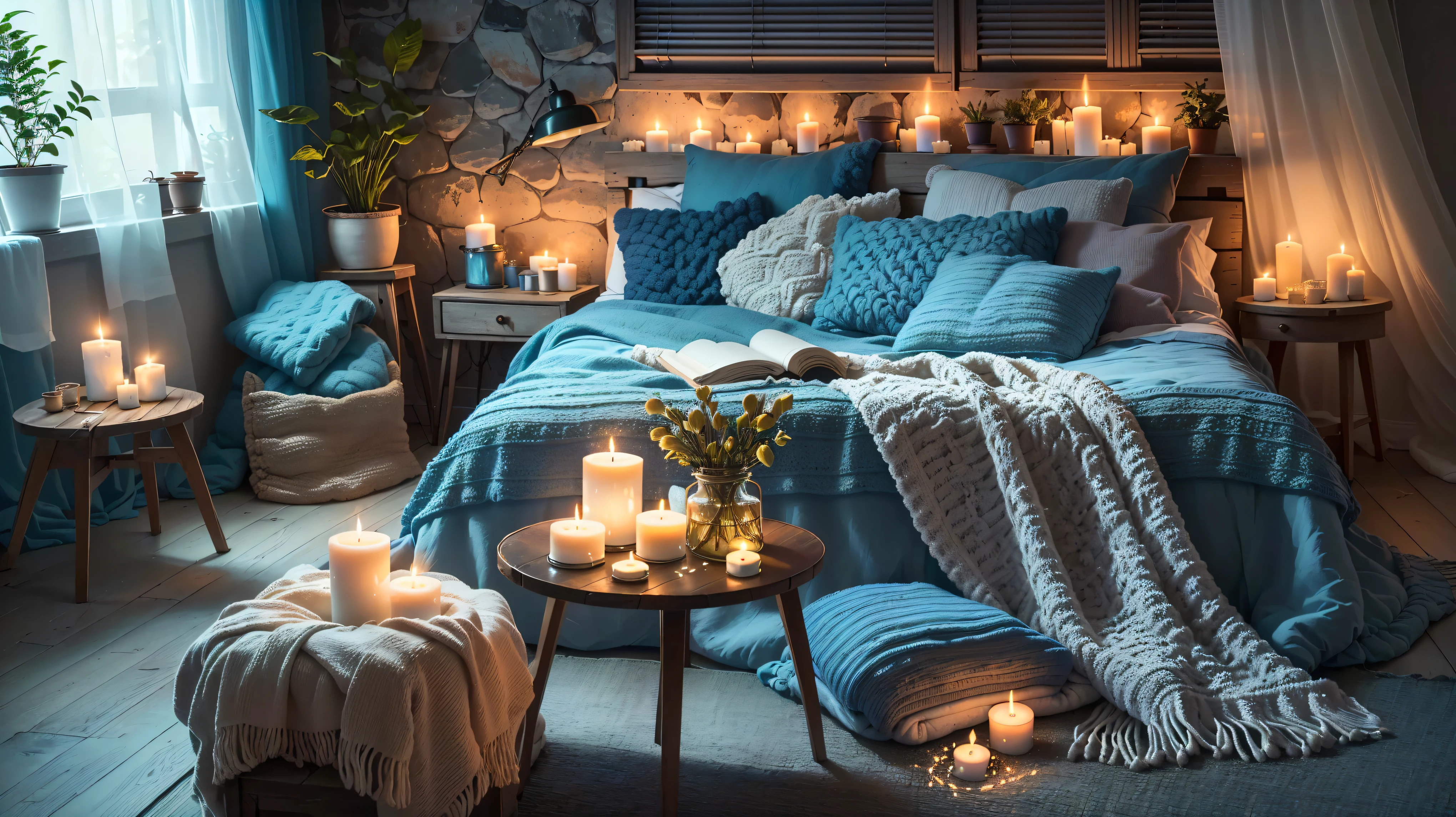 A bedroom with a blue bed and a blue blanket and lit candles, Cozy candlelight, Cozy and quiet atmosphere, Cozy atmosphere, room full of candles, Cozy and calm, Candlelit, Pleasant lighting, Pleasant lighting, Cozy home background, Cozy atmosphere, Cozy atmosphere, Pleasant atmosphere, Cozy place, Comfortable bed, Pleasant atmosphere, Cozy atmosphere