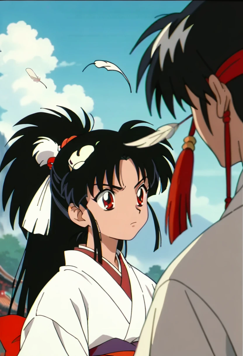 score_9, score_8_up, score_7_up, source_anime, source_inuyasha, Kagura, black hair, hair up, white feather in hair, 2feathers, red eyes, white kimono, screenshot during training 