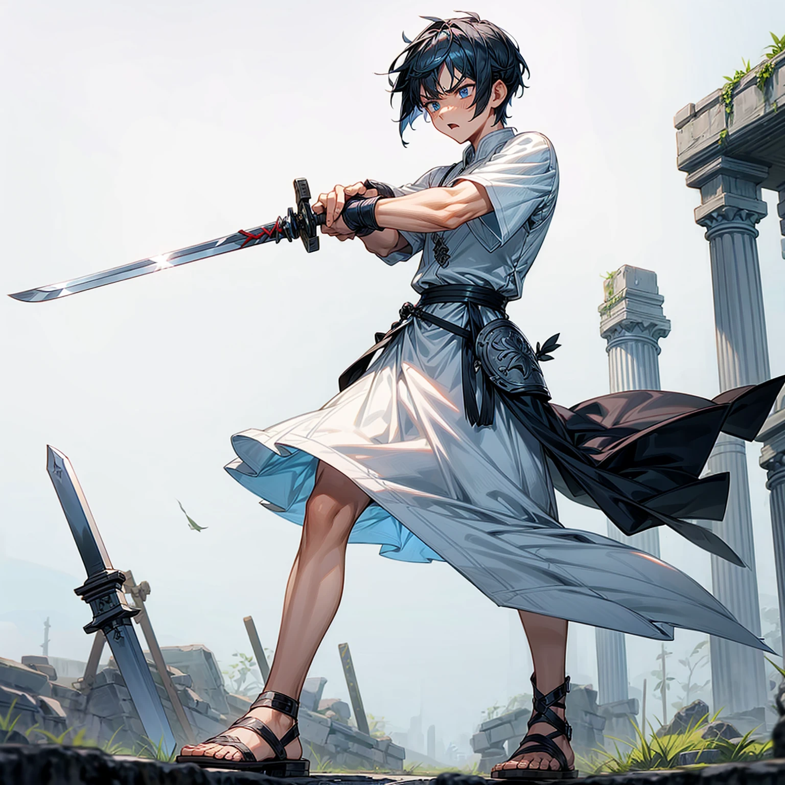 1boys, Full body version, blue eyes, undercut hair, black colour hair, very angry expression, white tunic Ancient Roman clothing, short sleeve shirt, gladiator skirt, gladiator armor, gladiator sandals, Spatha sword in hand, war gesture, Grassroots background 