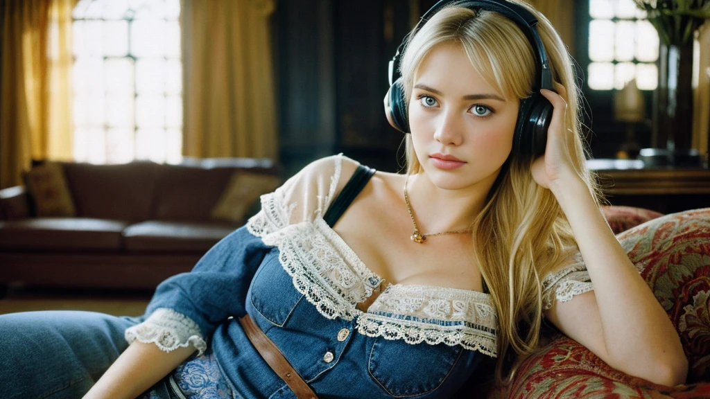 elegant、Beautiful blonde with big breasts in a blouse (Western-style mansion at midnight、living room),Wearing headphones,Very detailed, 21 years old, Innocent face, Naturally Wavy Hair, blue eyes, High resolution, masterpiece, Highest quality, Intricate details, Very detailed, Clear focus, Delicate skin, practical skin texture, texture, Delicate eyes, Professional, 4K, Sad face,despair、 Shot with Canon, 85mm, Shallow and deep, Kodak Vision Color, Exactly, Very detailed, photograph_\(Extremist\), photographpractical, practical, Post-processing, Maximum details, Roughness, Real Life, Extremist practical, Photorealism, photographgraphy, 8K Ultra HD, photographgraphy