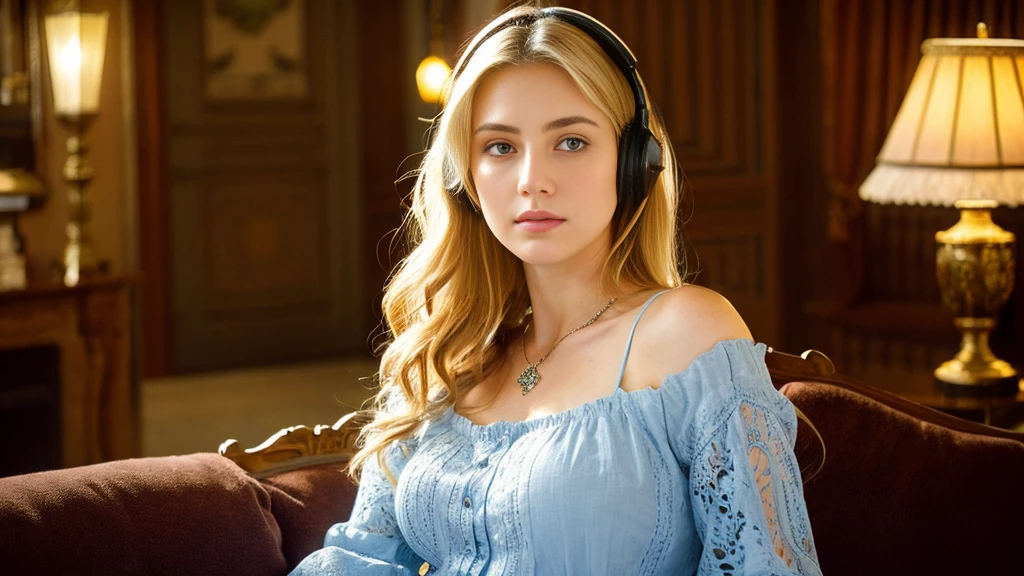 elegant、Beautiful blonde with big breasts in a blouse (Western-style mansion at midnight、living room),Wearing headphones,Very detailed, 21 years old, Innocent face, Naturally Wavy Hair, blue eyes, High resolution, masterpiece, Highest quality, Intricate details, Very detailed, Clear focus, Delicate skin, practical skin texture, texture, Delicate eyes, Professional, 4K, Sad face,despair、 Shot with Canon, 85mm, Shallow and deep,  Kodak Vision Color, Exactly, Very detailed, photograph_\(Extremist\), photographpractical, practical, Post-processing, Maximum details, Roughness, Real Life, Extremist practical, Photorealism, photographgraphy, 8K Ultra HD, photographgraphy