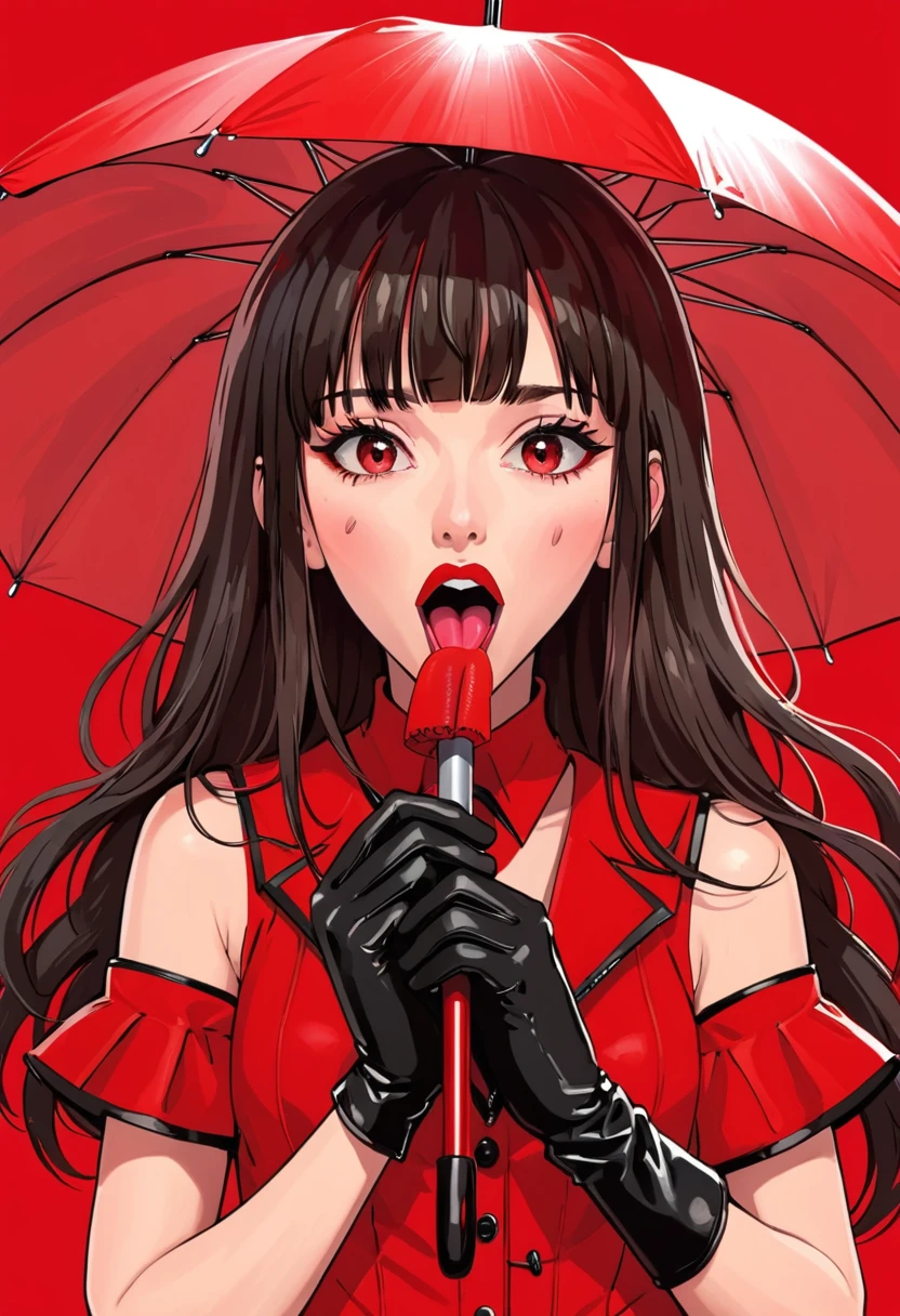 1girl,bangs,blunt bangs,gloves,long hair,open mouth,red background,red theme,red umbrella,solo,tongue,tongue out,umbrella