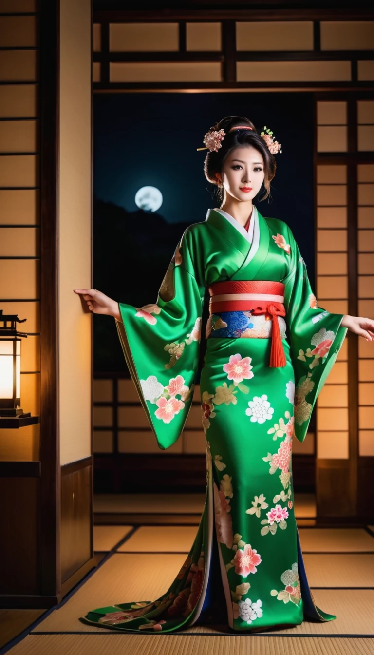 Woman wearing Japanese kimono, Enchanting and very beautiful, Wearing a green kimono with open decorations, A room in a dark Japanese castle at night, Realistic, Breathtakingly high-quality photos,