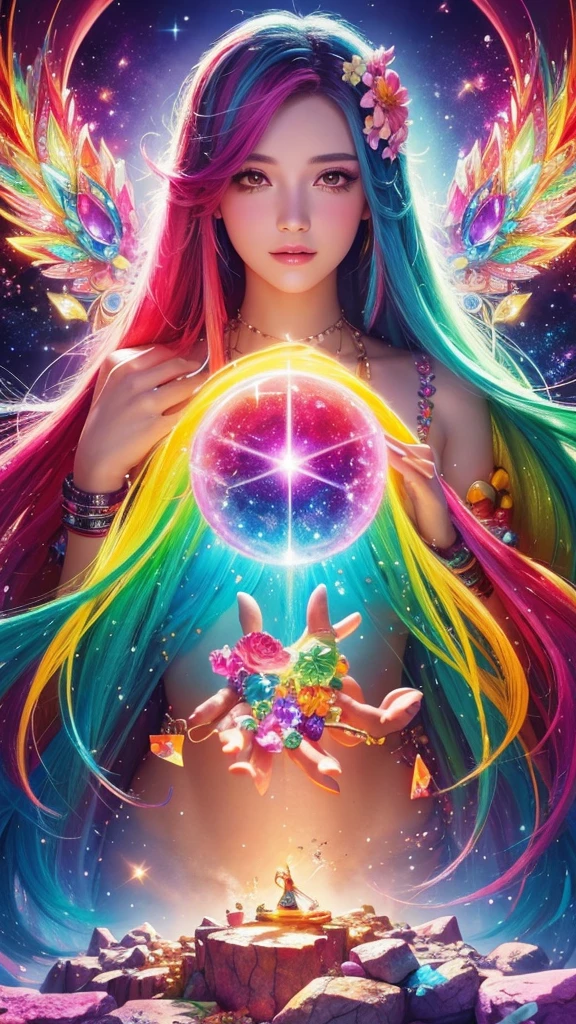 The image you provided appears to be a digital artwork featuring a character with vibrant, multi-colored hair holding a crystal. The background is filled with colorful elements like rainbows and flowers, creating a whimsical and fantastical atmosphere.
Waiting to start