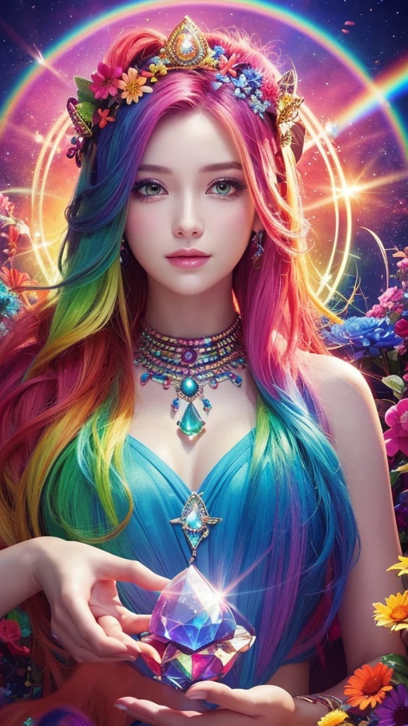 The image you provided appears to be a digital artwork featuring a character with vibrant, multi-colored hair holding a crystal. The background is filled with colorful elements like rainbows and flowers, creating a whimsical and fantastical atmosphere.
Waiting to start 
