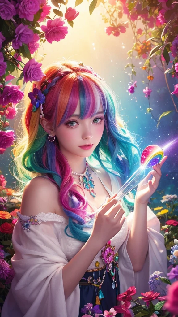 The image you provided appears to be a digital artwork featuring a character with vibrant, multi-colored hair holding a crystal. The background is filled with colorful elements like rainbows and flowers, creating a whimsical and fantastical atmosphere.
Waiting to start 
