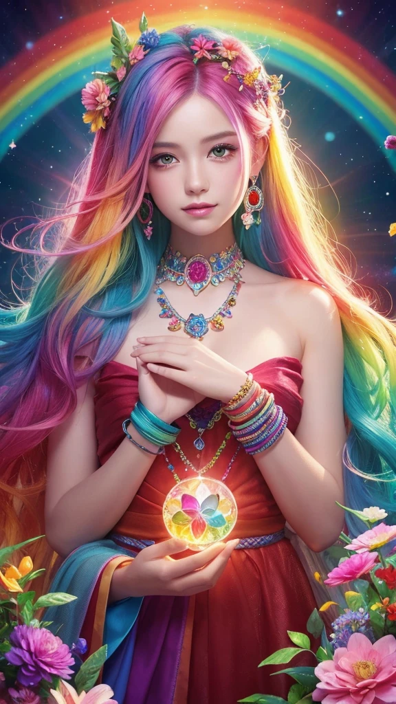 The image you provided appears to be a digital artwork featuring a character with vibrant, multi-colored hair holding a crystal. The background is filled with colorful elements like rainbows and flowers, creating a whimsical and fantastical atmosphere.
Waiting to start