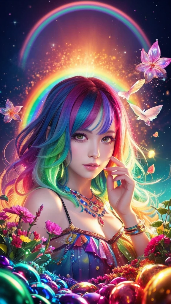 The image you provided appears to be a digital artwork featuring a character with vibrant, multi-colored hair holding a crystal. The background is filled with colorful elements like rainbows and flowers, creating a whimsical and fantastical atmosphere.
Waiting to start