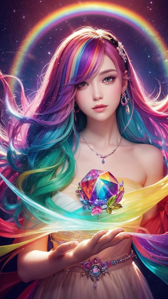 The image you provided appears to be a digital artwork featuring a character with vibrant, multi-colored hair holding a crystal. The background is filled with colorful elements like rainbows and flowers, creating a whimsical and fantastical atmosphere.
Waiting to start 
