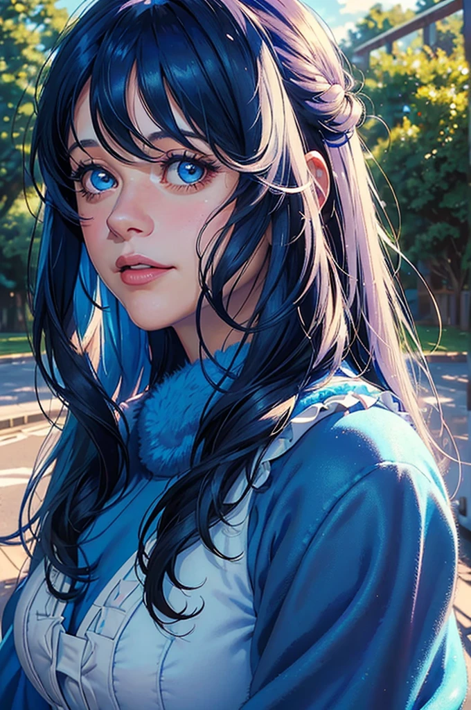 (((Masterpiece ,Best Quality, Highest quality realistic retro anime....))),(((like Lyon minmay realistic ))), blue dress, top wo nerae!, 1 girl, alone, ((hyper realistic long blue fur)), looking at the viewer, SMILE, Hits,White shirt ,((Very detailed and realistic light blue eyes.)), Closed mouth, (((Masterpiece ,Best Quality, Highest quality realistic retro anime....))),(((Style Zooey Deschanel))), blue dress, top wo nerae!, 1 girl, alone, ((hyper realistic long blue fur)), looking at the viewer, SMILE, Hits,highly detailed light blue eyes shirt, Closed mouth, blue fur, exterior, sky, day, cloud, tree, blue sky, lips, separate blows, eyelashes, make up, light SMILE, lipstick, portrait, close up, ((retro Best Quality, hyper realistic highest quality artStyleo)), 1980s ,fine blue hair with very real details))exterior, sky, day, cloud, tree, blue sky, lips, separate blows, eyelashes, make up, light SMILE, lipstick, portrait, close up, ((retro Best Quality, hyper realistic highest quality artStyleo)), 1980s (Style