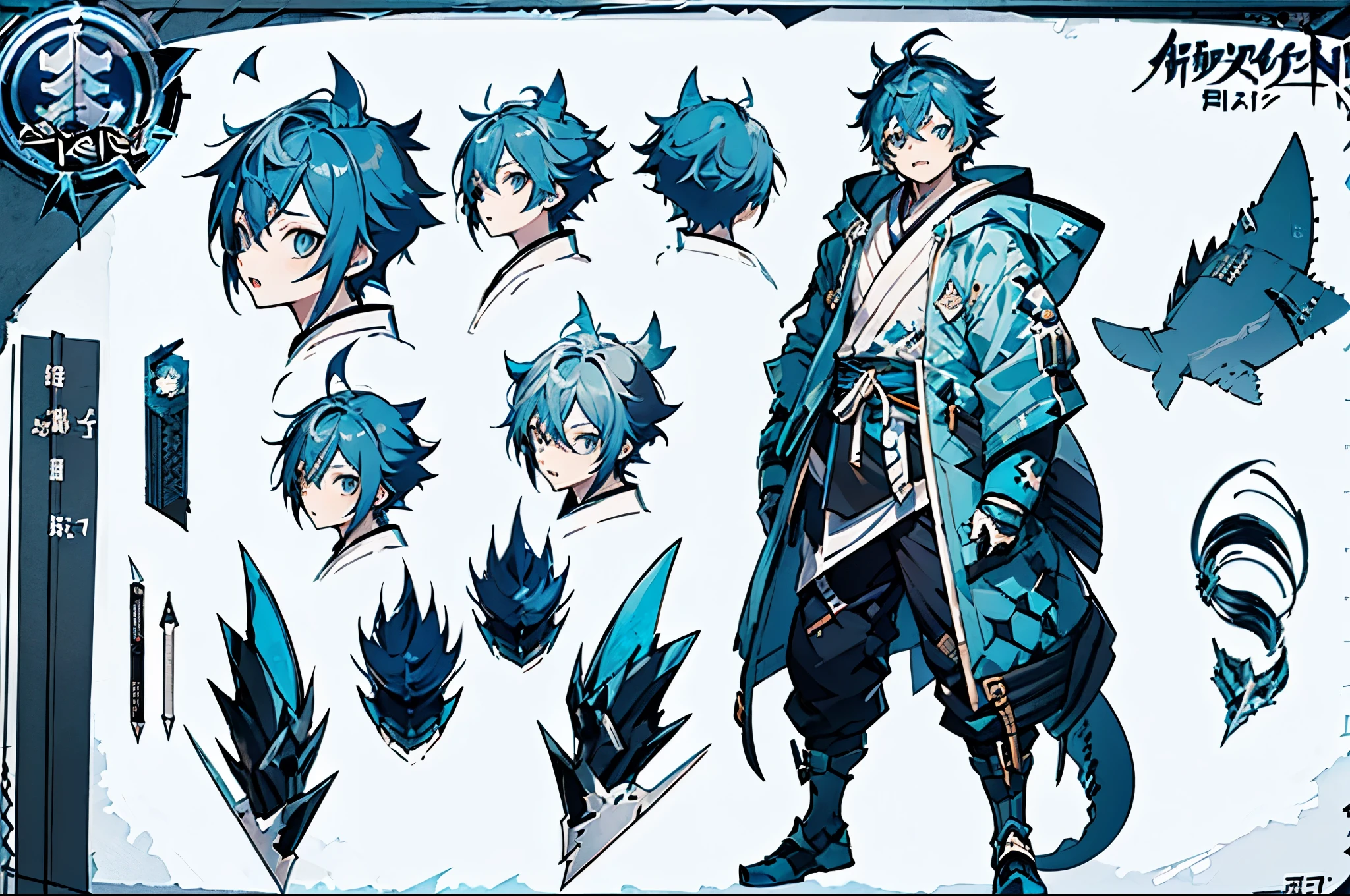 master-piece, hyper quality, hyper detailed,perfect drawing, 1boy, (Hairstyle: Messy Japanese Round Haircut for Thick Hair)), blue hoodie, shark tail, sharp fangs, blue eyes, Blue hair, height 167cm, stand still, (character sheet:1.4), (concept art:1.4)