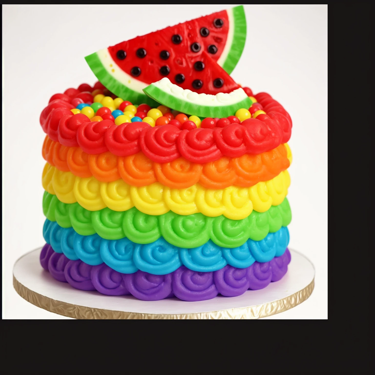 on a white background, RAINBOW CREAM SWIRLS CAKE, RAINBOW plastic beads, 2 PLASTIC WATERMELONS, Multiple light sources, bright lighting, Realistic style , realistic texture, detailed texture, A high resolution, high quality,