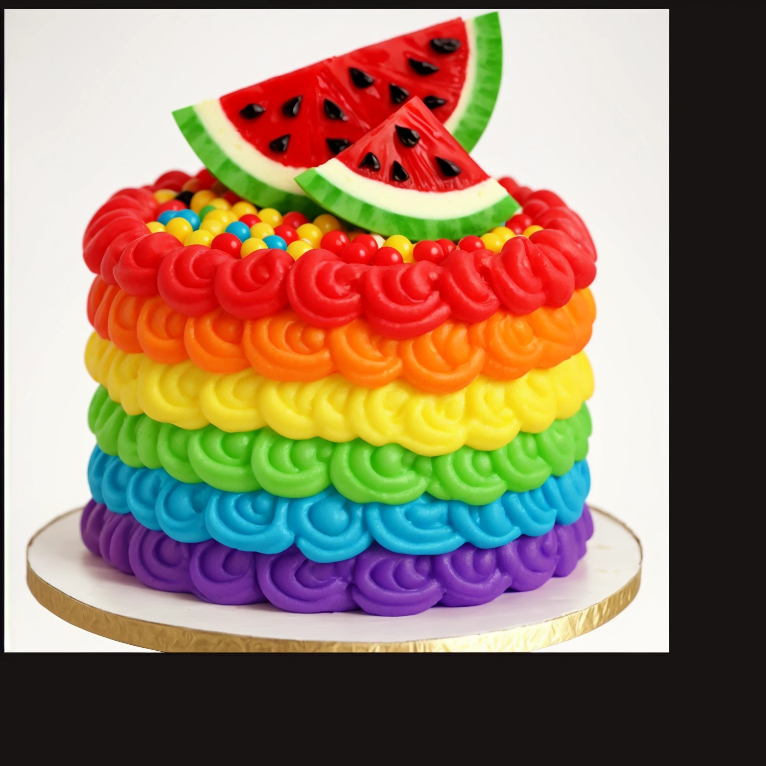 on a white background, RAINBOW CREAM SWIRLS CAKE, RAINBOW plastic beads, 2 PLASTIC WATERMELONS, Multiple light sources, bright lighting, Realistic style , realistic texture, detailed texture, A high resolution, high quality,