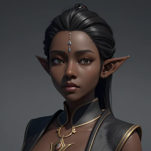 (masterpiece), (best quality),(portrait),(bust up),1girl,solo, animation style render, 3D, (pixer style) ,(clay) ,(sharp focus),(look at viewer),elf, (black skin),dark skin,black hair,(elf lady) ,adult,black eyes, (ancient:1), ancient luxurious long clothes,(simple background:1)