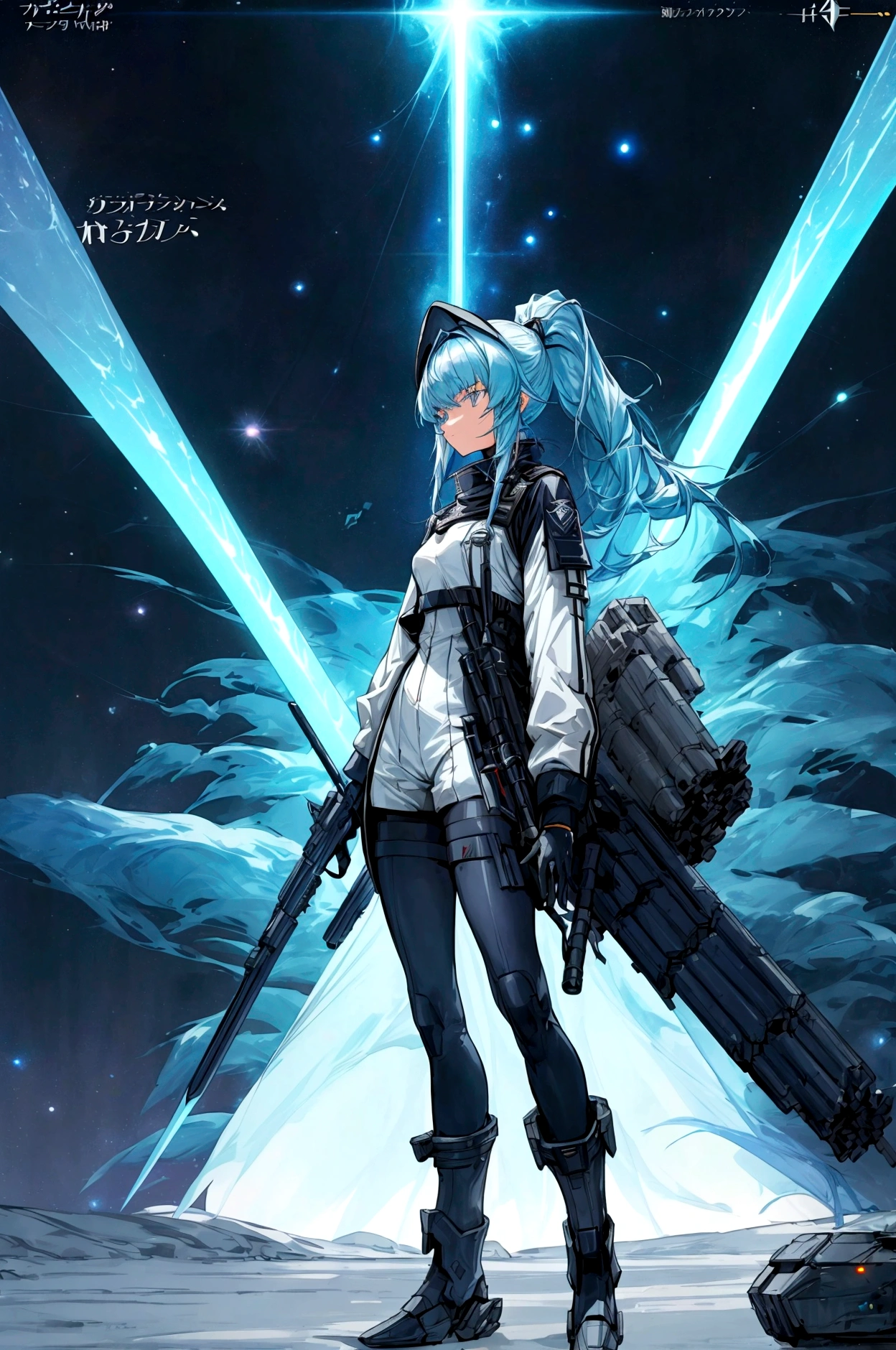 ((science fiction space fantasy)), A badass tall woman, an art of a female character standing amidst a galactic battlefront, (A female commander), ((a leader of a fleet of intergalactic armies)), White high ponytail with a glowing light blue highlights at the ends, Wielding a sword with deep blue aura, the mystical blade in her hand emitting a bright contrast blue light with a ray of energy, a futuristic intergalactic military uniform, Wearing Black shorts exposing the thighs, with a captain hat, a long simple dark boots. A masterpiece illustration, a light novel cover, best quality, best detail(Light novel illustrations), Arknights style, masterpiece, high quality, detailed.