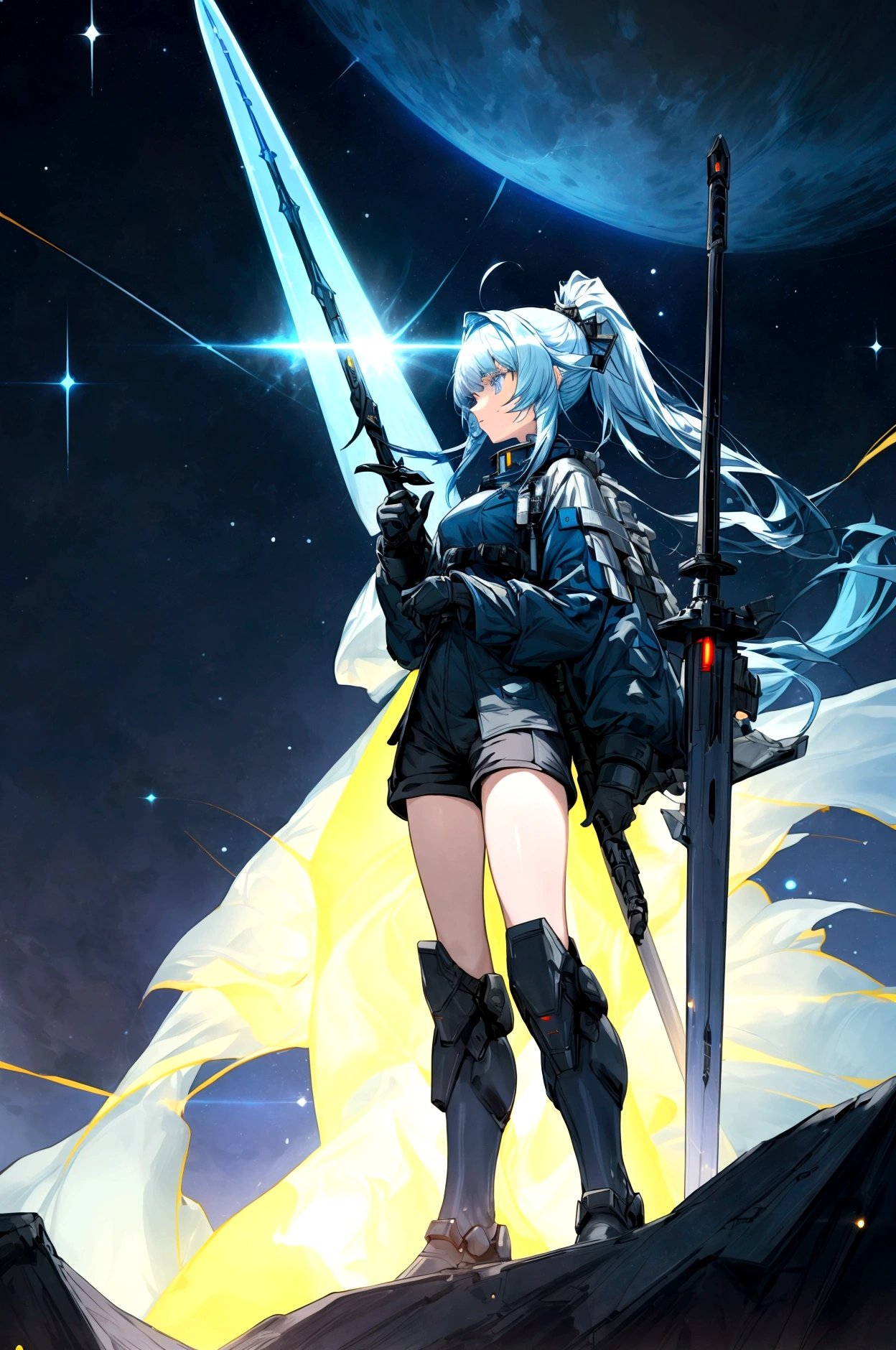 ((science fiction space fantasy)), A badass tall woman, an art of a female character standing amidst a galactic battlefront, (A female commander), ((a leader of a fleet of intergalactic armies)), White high ponytail with a glowing light blue highlights at the ends, Wielding a sword with deep blue aura, the mystical blade in her hand emitting a bright contrast blue light with a ray of energy, a futuristic intergalactic military uniform, Wearing Black shorts exposing the thighs, with a captain hat, a long simple dark boots. A masterpiece illustration, a light novel cover, best quality, best detail(Light novel illustrations), Arknights style, masterpiece, high quality, detailed.