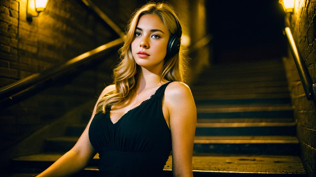 Beautiful blonde with big breasts in black mode casual (Stairs of a Western-style building late at night、sit),Wearing headphones,Very detailed, 21 years old, Innocent face, Naturally Wavy Hair, blue eyes, High resolution, masterpiece, Highest quality, Intricate details, Very detailed, Clear focus, Delicate skin, practical skin texture, texture, Delicate eyes, Professional, 4K, Sad face,despair、 Shot with Canon, 85mm, Shallow and deep,  Kodak Vision Color, Exactly, Very detailed, photograph_\(Extremist\), photographpractical, practical, Post-processing, Maximum details, Roughness, Real Life, Extremist practical, Photorealism, photographgraphy, 8K Ultra HD, photographgraphy