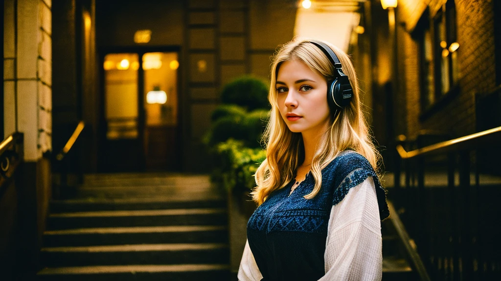 Beautiful blonde with big breasts in black mode casual (Stairs of a Western-style building late at night、sit),Wearing headphones,Very detailed, 21 years old, Innocent face, Naturally Wavy Hair, blue eyes, High resolution, masterpiece, Highest quality, Intricate details, Very detailed, Clear focus, Delicate skin, practical skin texture, texture, Delicate eyes, Professional, 4K, Sad face,despair、 Shot with Canon, 85mm, Shallow and deep, Kodak Vision Color, Exactly, Very detailed, photograph_\(Extremist\), photographpractical, practical, Post-processing, Maximum details, Roughness, Real Life, Extremist practical, Photorealism, photographgraphy, 8K Ultra HD, photographgraphy