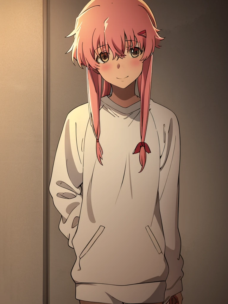 Yuno Gasai wearing a white comfy sweater, standing, casual, smiling softly, blushes, shy