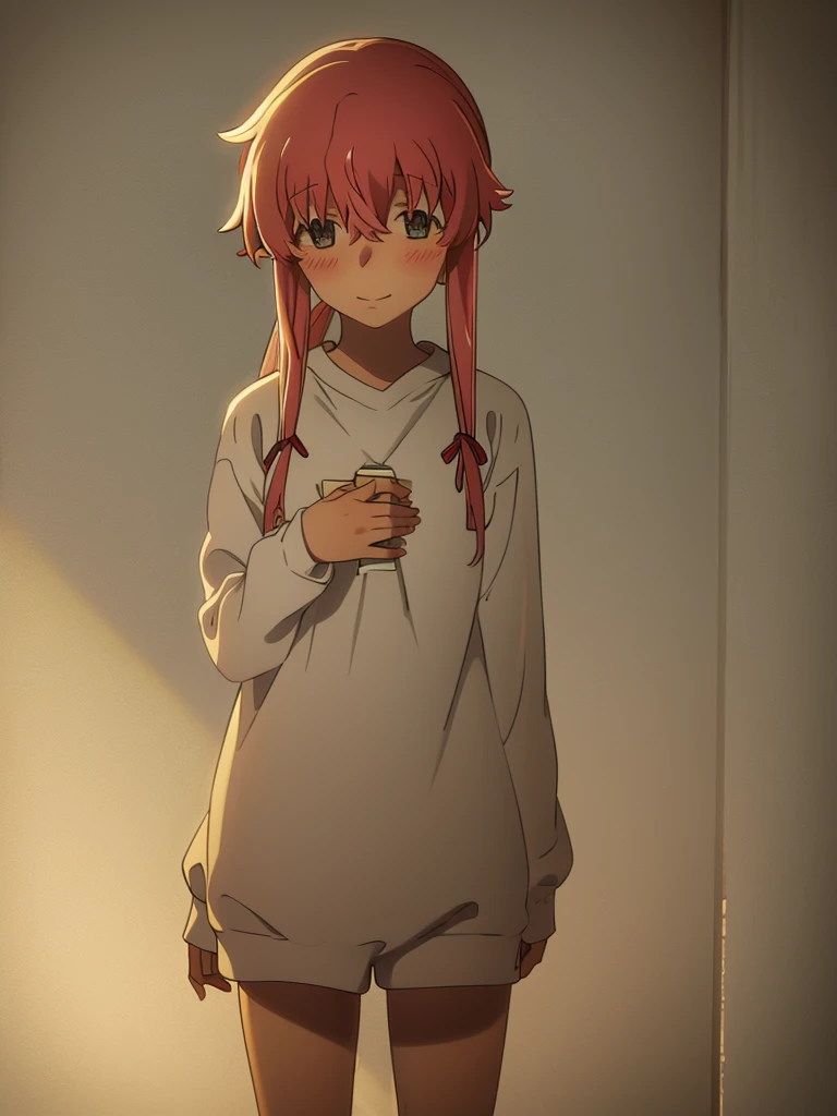 Yuno Gasai wearing a white comfy sweater, standing, casual, smiling softly, blushes, shy