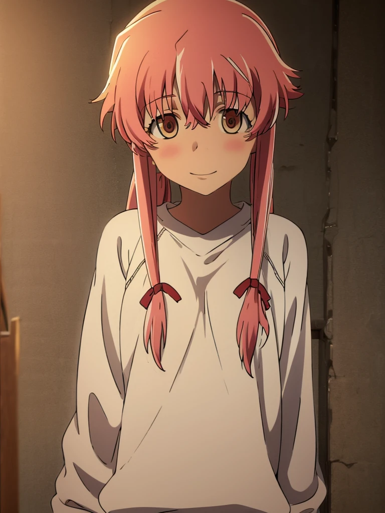 Yuno Gasai wearing a white comfy sweater, standing, casual, smiling softly, blushes, shy