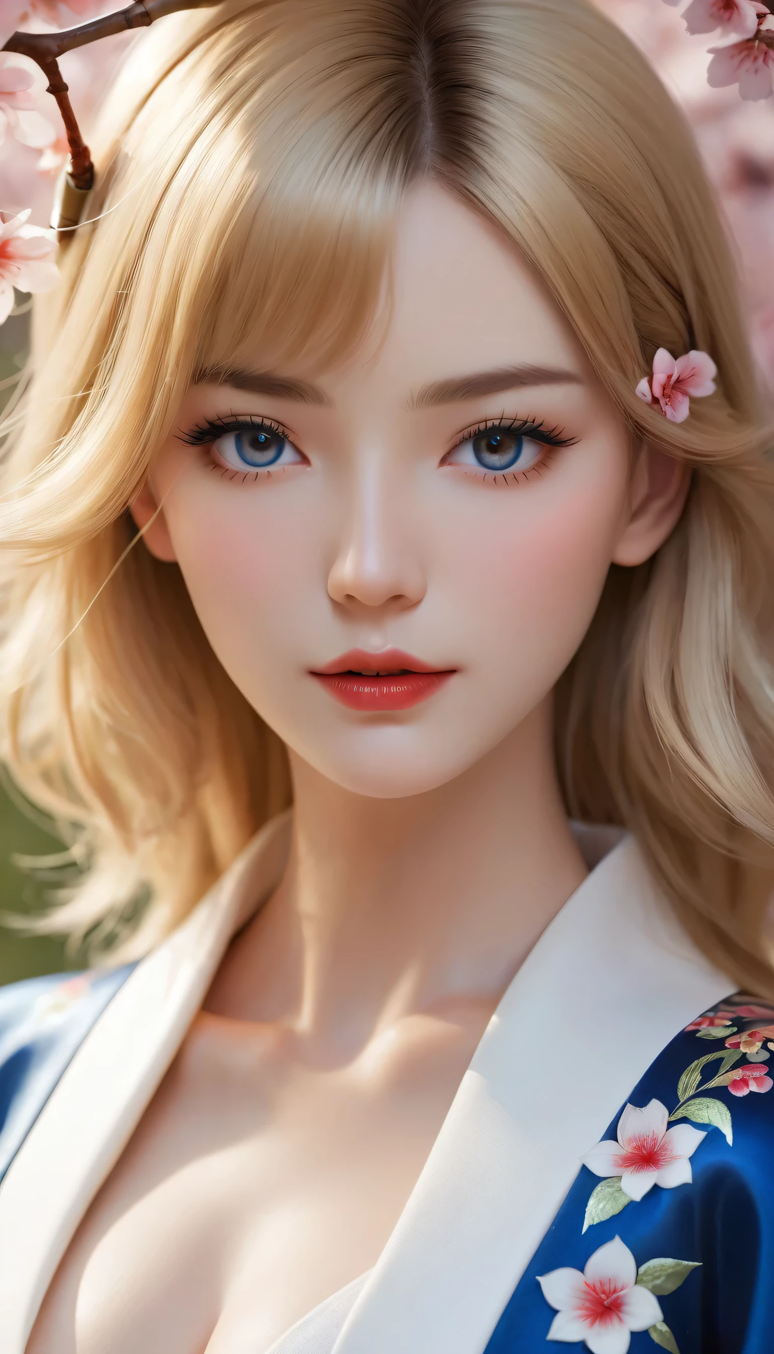 Divide Ratio : 1,1,1 Base Ratio: photorealistic Realism 8K, 16K Quality, fashion supermodel, (Glamour, paparazzi taking pictures of her), (highly detailed 32k absurd art of a ((girl 18-year-old)) ), (best high quality real texture skin:1.3),(best quality texture hair:1.4),BREAK,((short blonde hair ((slicked to the side)) extremely detailed:1.3)),((outside,an orchard of blooming cherry trees:1.3)),(best high quality:1.4),(photo realistic:1. 5),(Hyperrealism:1.5),((sharp focus)),(highest resolution),((soft neon lighting on the face and body)),(perfect proportions),(anatomically correct),(perfect female body),(firm normal full breasts:1.3),slim face,beautiful cheekbones,((slim,swell-muscled body:1.24)),(Super beautiful face),(realistic face),(highly detailed face:1.5),absurd(ultra detailed eyes), finely detailed face,finely quality eyes,(tired and sleepy and satisfied:0.0),(close up of a woman's eye with a digital rendering),realistic eyes,perfect round eyes,finely detailed pupils,(brown_eyes:1.28),BREAK,detailed lips:1.3,dark_makeup:1.18, long_blue_eyeliner:1.25, (red_lipstick:1.25),perfect dark_eyeshadows:1.45, there a close up of a woman's, (super detailed makeup on eyes:1.3), iridescent eyes, with professional makeup, vibrant eyes:1.2, (Detailed nose:1.2),BREAK,((super extravagant ((cut kimono cute)) wear)),BREAK,makeup:1.22,BREAK,/(random u%u top:1.13),/exquisite balance of shadows,perfect composition,((upper body shot:1.3)),(((look at the viewer))), Hasselblad, 50mm f/2.2