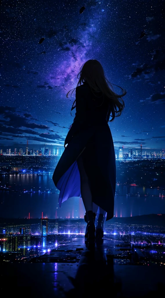1people々々々々々,Blonde long-haired woman,Long coat, Dress Silhouette, Rear View,Space Sky, comet, Anime Style, Dancing Petals,Night view of the city from the mountainside,