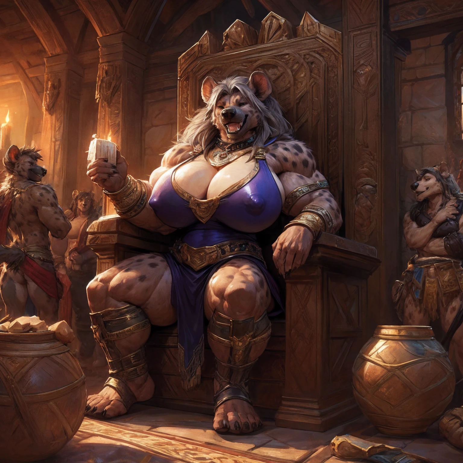 uploaded to e621.net, masterpiece, 8k, hyena woman, matriarch, female, beige fur, spots, gray hair, buff, muscular, barbarian queen, leather outfit, wooden throne, wooden keep, primitive room, stone room, seated, casual posture, buff, muscular, massive, bodybuilder, (huge breasts:1.2), nipple outline, covered breasts, laughing, crowded, supplicants, worshipers, by darkgem, 