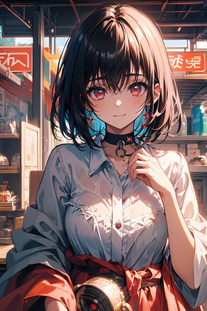 (masterpiece, highest quality, highest quality, (No text), Beautiful and aesthetic:1.2),No text,アニメ、BREAK,One Girl，Black Hair Girl　short hair　older sister　choker　Tree Eyes　Beautiful eyes　Red eyes　cool　smile　Red and Black　Black jacket　mini skirt　whole body　In town