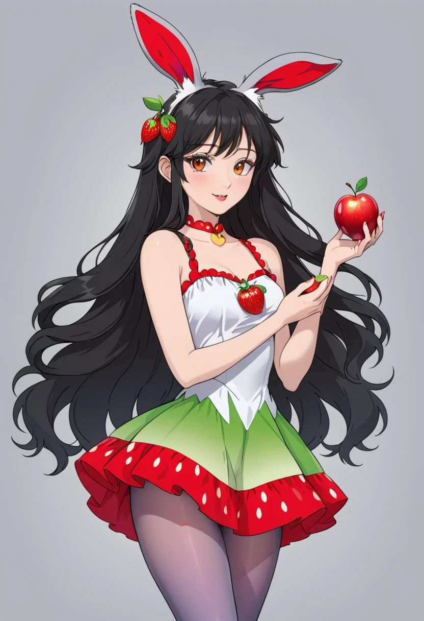 1girl,animal ears,apple,black hair,cherry,dress,food,fruit,gradient,gradient background,grey background,holding food,holding fruit,long hair,pantyhose,rabbit ears,red apple,solo,strawberry,very long hair,white legwear