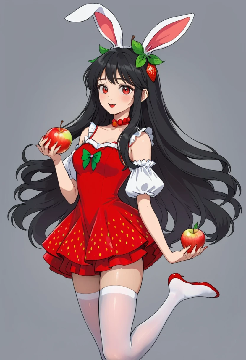 1girl,animal ears,apple,black hair,cherry,dress,food,fruit,gradient,gradient background,grey background,holding food,holding fruit,long hair,pantyhose,rabbit ears,red apple,solo,strawberry,very long hair,white legwear