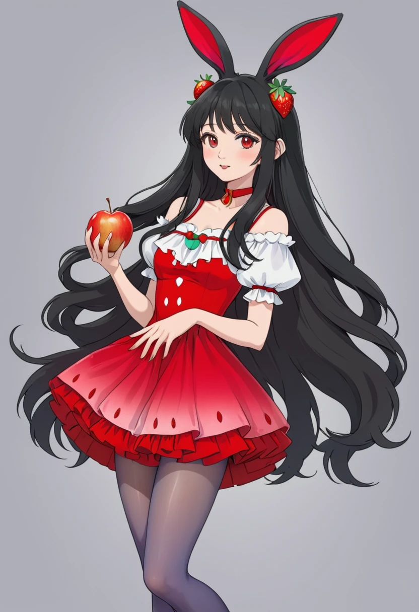 1girl,animal ears,apple,black hair,cherry,dress,food,fruit,gradient,gradient background,grey background,holding food,holding fruit,long hair,pantyhose,rabbit ears,red apple,solo,strawberry,very long hair,white legwear