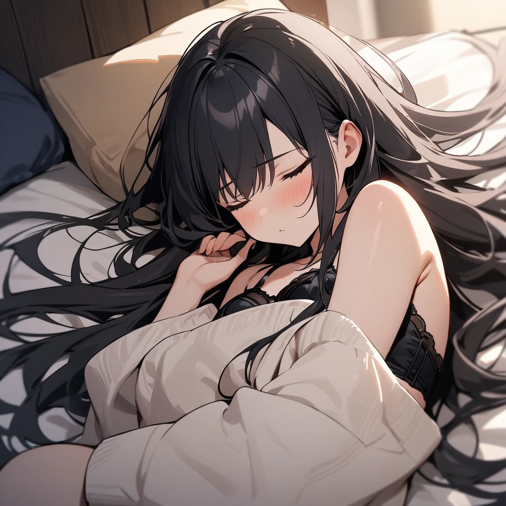 Top quality, masterpiece, black hair, long hair, black eyes, チャイナ風lingerie, sleeping