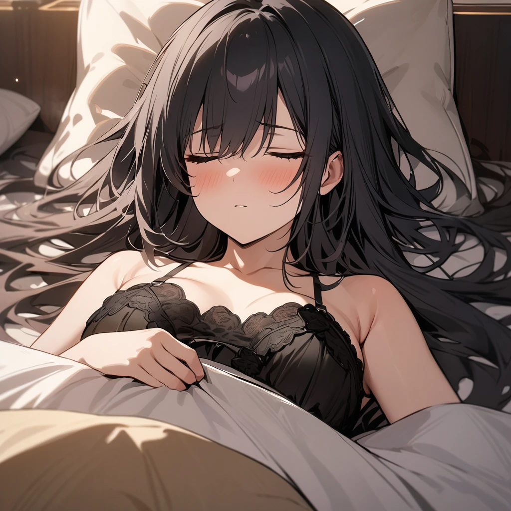 Top quality, masterpiece, black hair, long hair, black eyes, チャイナ風lingerie, sleeping