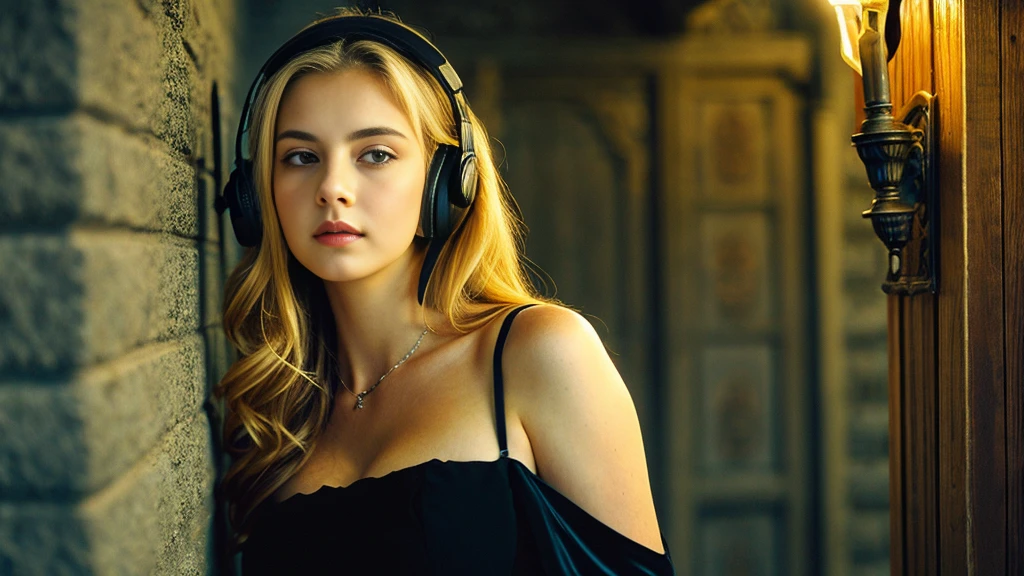 Beautiful blonde with big breasts in a black dress (Western-style mansion at midnight、Leaning against a wall),Wearing headphones,Very detailed, 21 years old, Innocent face, Naturally Wavy Hair, blue eyes, High resolution, masterpiece, Highest quality, Intricate details, Very detailed, Clear focus, Delicate skin, practical skin texture, texture, Delicate eyes, Professional, 4K, Sad face,despair、 Shot with Canon, 85mm, Shallow and deep, Kodak Vision Color, Exactly, Very detailed, photograph_\(Extremist\), photographpractical, practical, Post-processing, Maximum details, Roughness, Real Life, Extremist practical, Photorealism, photographgraphy, 8K Ultra HD, photographgraphy