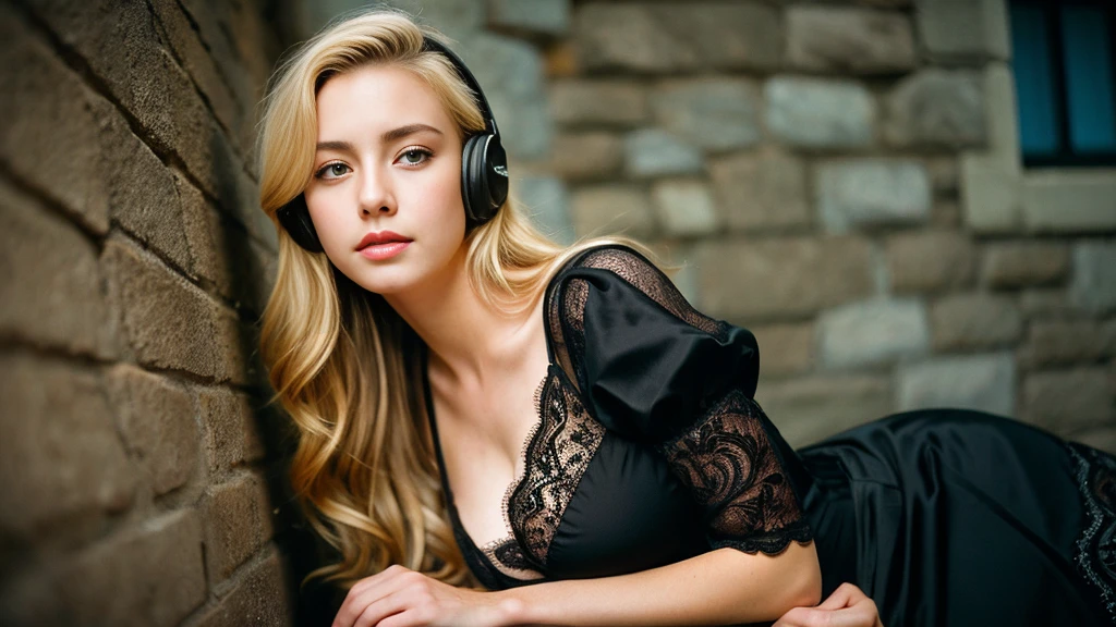 Beautiful blonde with big breasts in a black dress (Western-style mansion at midnight、Leaning against a wall),Wearing headphones,Very detailed, 21 years old, Innocent face, Naturally Wavy Hair, blue eyes, High resolution, masterpiece, Highest quality, Intricate details, Very detailed, Clear focus, Delicate skin, practical skin texture, texture, Delicate eyes, Professional, 4K, Sad face,despair、 Shot with Canon, 85mm, Shallow and deep, Kodak Vision Color, Exactly, Very detailed, photograph_\(Extremist\), photographpractical, practical, Post-processing, Maximum details, Roughness, Real Life, Extremist practical, Photorealism, photographgraphy, 8K Ultra HD, photographgraphy