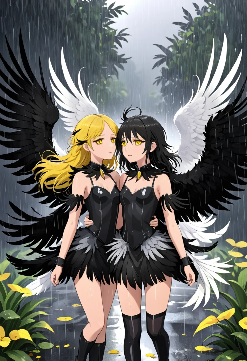 2girls,black feathers,black wings,feathered wings,feathers,multiple girls,rain,white wings,wings,yellow eyes