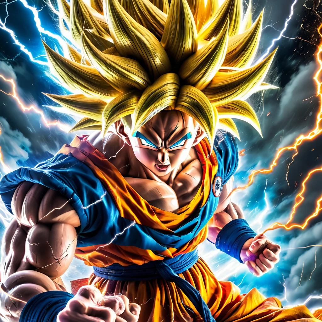 Goku: Super Saiyan in battle stance, with golden hair standing on end and eyes burning with intensity. Clouds and lightning in the background. Vibrant colors and dynamic lines.