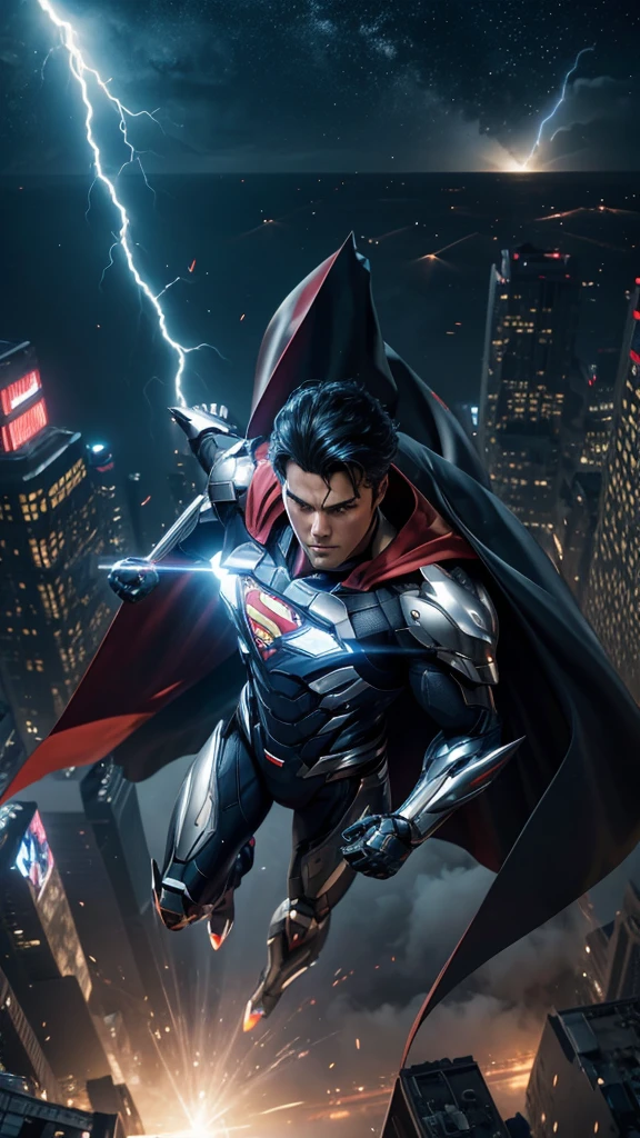 Masterpiece, best quality, NVIDIA RTX, sharp picture, cinematic lightning, hi-tech futuristic Superman, Superman symbol, floating, perfect face, proportional body, luminous mecha-armor:1.3, glowing mecha armor:1.3, (cape blown by strong winds:1.3), on top of a bulding, full body, epic lights reflection, night, smokes, from above
