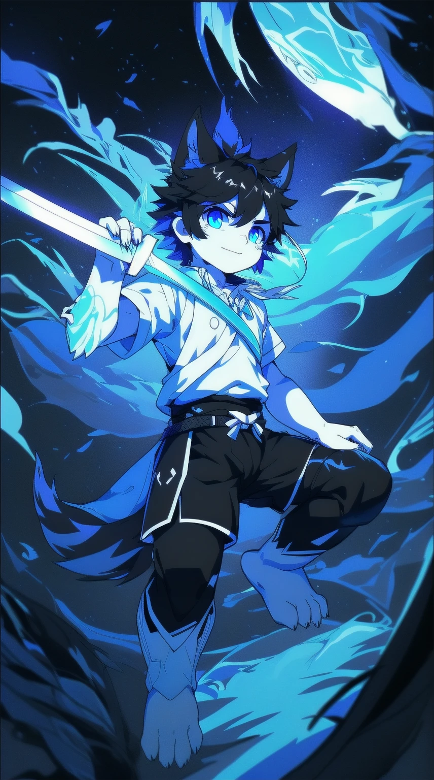 White Wolf，black hair，Sky blue eyes，hairy，Wolf ears，Wolf tail，Full body portrait，The character is in the center of the frame，Handsome，Confident eyes，male，juvenile，Black and white combat uniform，Red neck bib，Black shorts，Short sleeve，hairy arms and legs，Dark background，Dark battlefield，dawn，sunrise，dawn，illumination，shadow，Swordsman，Scabbard and sword，Hold the hilt of a sword in your hand，The scabbard is at the waist，Highest quality