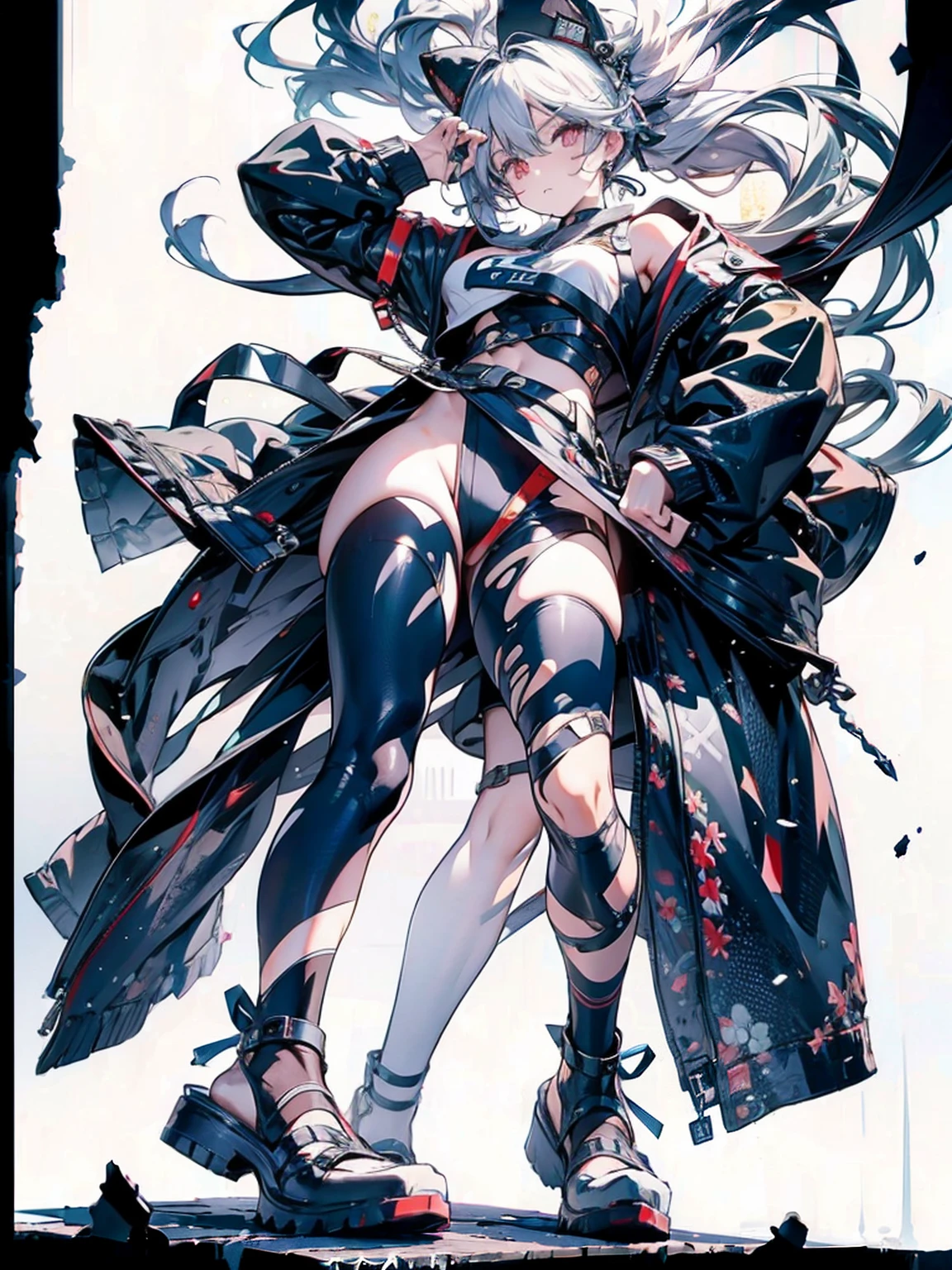 , (White Hair Girl), (Thick, dark blue eyebrows:1.4), (Dark blue eyebrows:1.7), (Thick eyebrows:1.3), (Huge black fluffy animal ears:1.1), (Black animal ears:1.1), BREAK, (((Mesh Stitching Crop T-Shirt, Cutout Long Sleeve Top))),BREAK, (Big Breasts:1.2, Thick legs, Adult female body, Sturdy body:1.5, Japanese style costume:1.5, Beautifully colored kimono:1.5,), ((Action pose:1.4 )), (sharp eyes, Ultra-high definition CG, Precisely designed costumes, 4K, 8K, Ultra-high definition CG, Simple outfit, Clear lines, Expressive and Captivating Eyes, Fine Details and Realistic Textures, cinematic lighting), ((white background)), BREAK, (Wearing black leggings with holes), Skinny sleeves, (Torn and holey leggings:1.2)(Black leggings:1.4), (過剰なRuggedThick soleブーツを履いています:1.2), (Thick sole:1.5), (Big shoes:1.3),