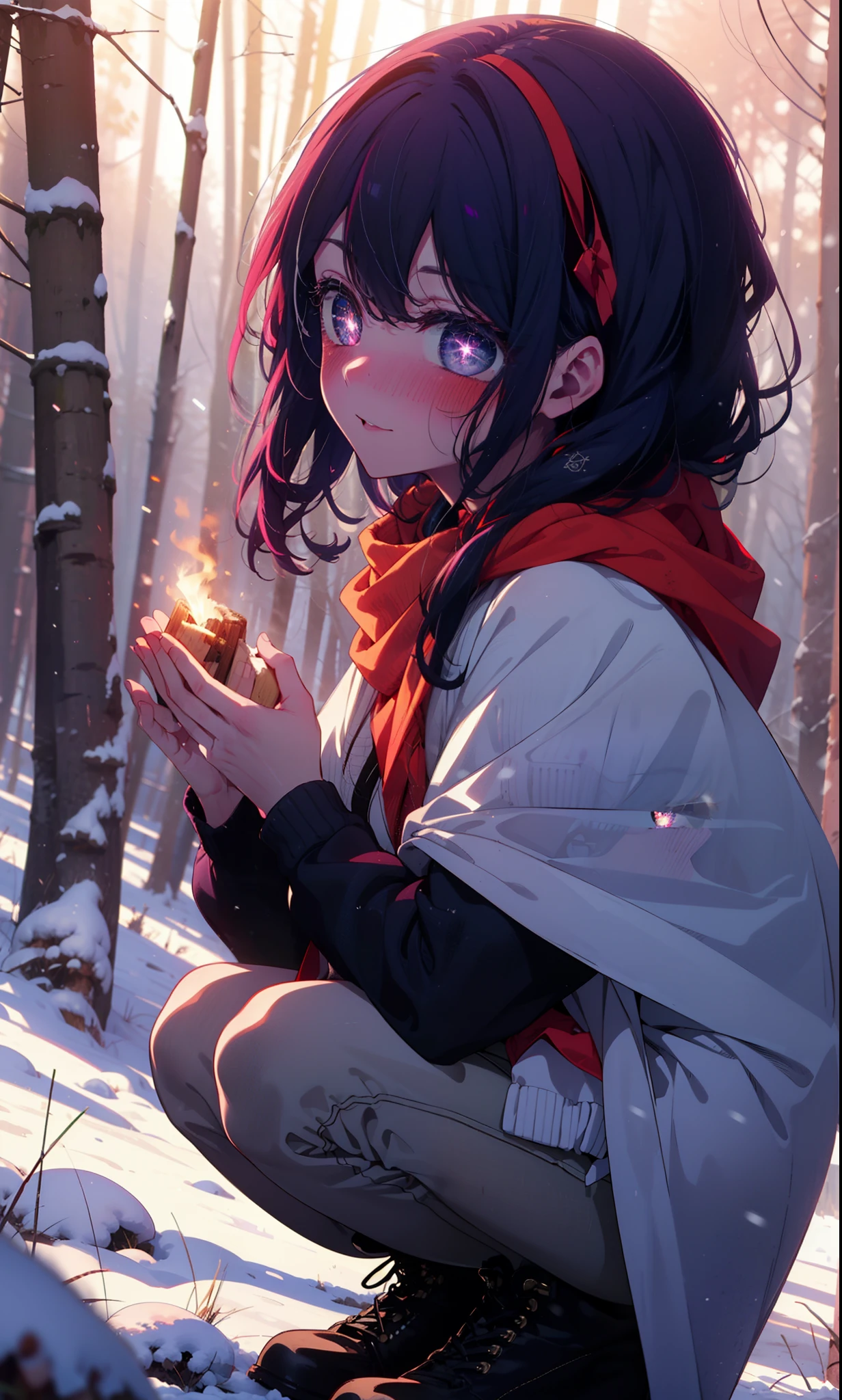 aihoshino, Ai Hoshino, Long Hair, bangs, (Purple eyes:1.1), Purple Hair, (Symbol-shaped pupil:1.5), smile,,smile,blush,White Breath,
Open your mouth,snow,Ground bonfire, Outdoor, boots, snowing, From the side, wood, suitcase, Cape, Blurred, , forest, White handbag, nature, Squat, Mouth closed, Cape, winter, Written boundary depth, Black shoes, red Cape break looking at viewer, Upper Body, whole body, break Outdoor, forest, nature, break (masterpiece:1.2), Highest quality, High resolution, unity 8k wallpaper, (shape:0.8), (Beautiful and beautiful eyes:1.6), Highly detailed face, Perfect lighting, Extremely detailed CG, (Perfect hands, Perfect Anatomy),