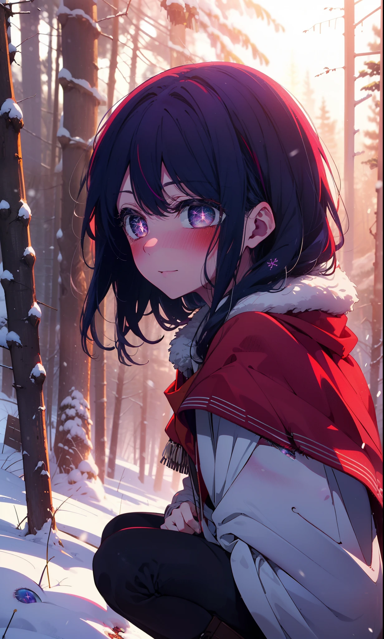 aihoshino, Ai Hoshino, Long Hair, bangs, (Purple eyes:1.1), Purple Hair, (Symbol-shaped pupil:1.5), smile,,smile,blush,White Breath,
Open your mouth,snow,Ground bonfire, Outdoor, boots, snowing, From the side, wood, suitcase, Cape, Blurred, , forest, White handbag, nature,  Squat, Mouth closed, Cape, winter, Written boundary depth, Black shoes, red Cape break looking at viewer, Upper Body, whole body, break Outdoor, forest, nature, break (masterpiece:1.2), Highest quality, High resolution, unity 8k wallpaper, (shape:0.8), (Beautiful and beautiful eyes:1.6), Highly detailed face, Perfect lighting, Extremely detailed CG, (Perfect hands, Perfect Anatomy),